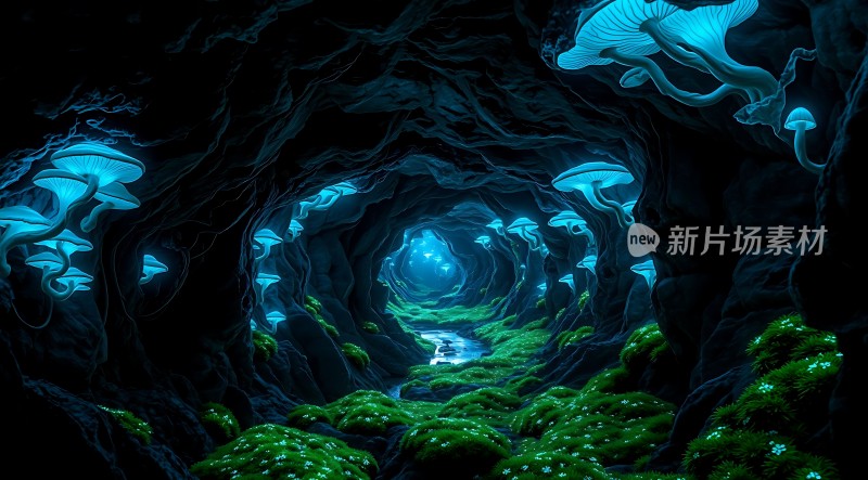 神秘洞穴中的荧光蘑菇世界
