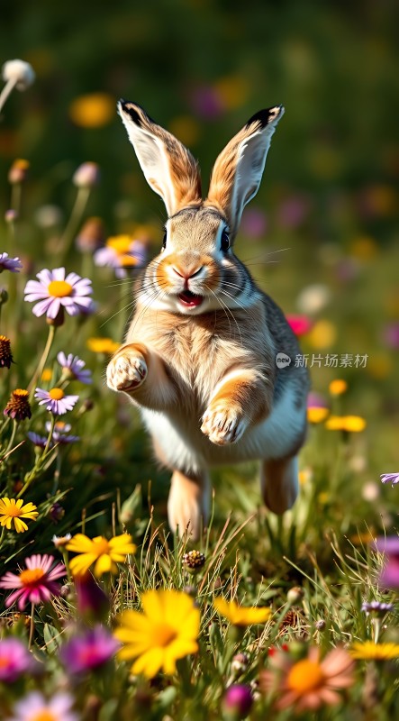 跳跃的兔子在花丛中欢快奔跑