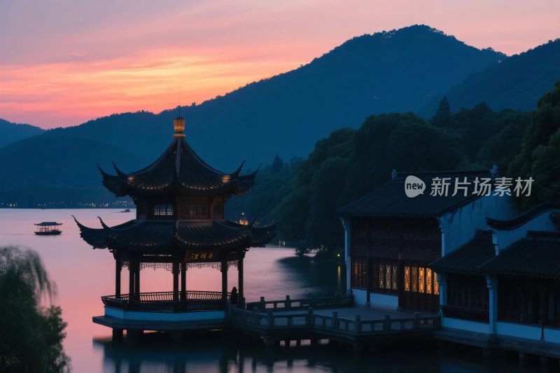 古亭山水夕阳景