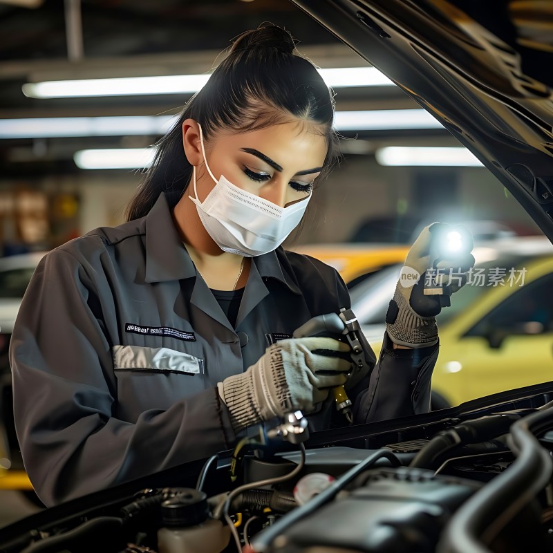 女机械师专注检修汽车引擎
