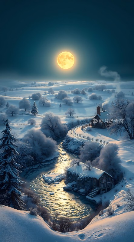 雪夜月光下的宁静小屋