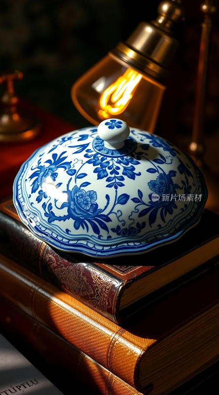 蓝色花纹瓷罐与古旧书籍和暖黄色灯光的结合