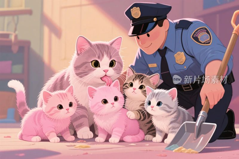 猫咪与警察的温馨插画