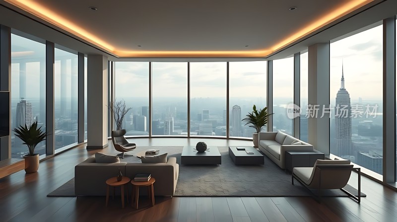 现代都市客厅全景落地窗与城市景观相映成趣