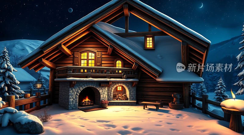 雪夜小木屋温馨 fireplace