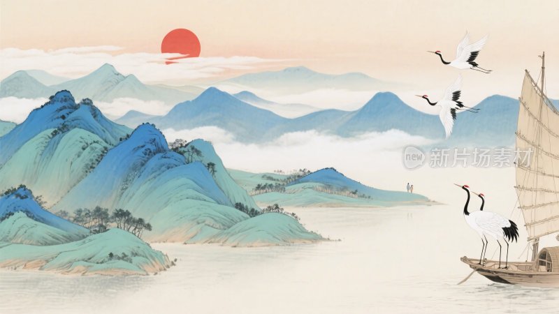 中式山水日出帆船图景