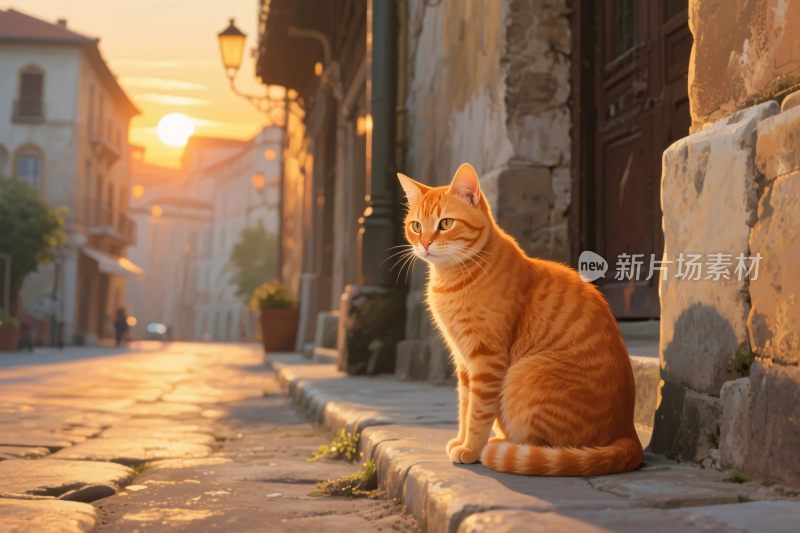 夕阳橘猫老巷图