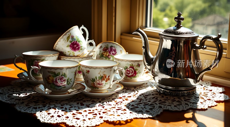 阳光下的精美茶具套装