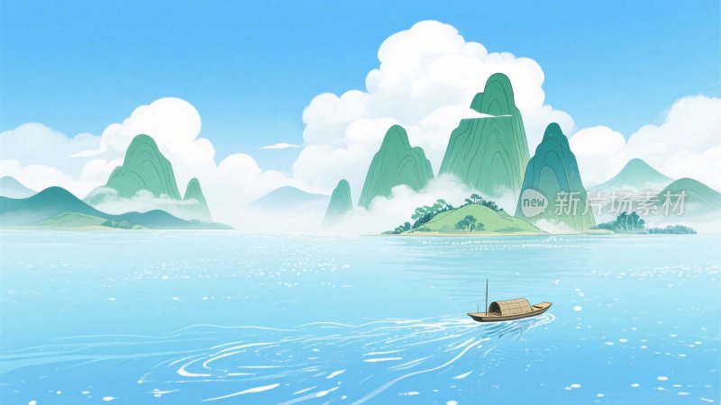 山水小船风景插画