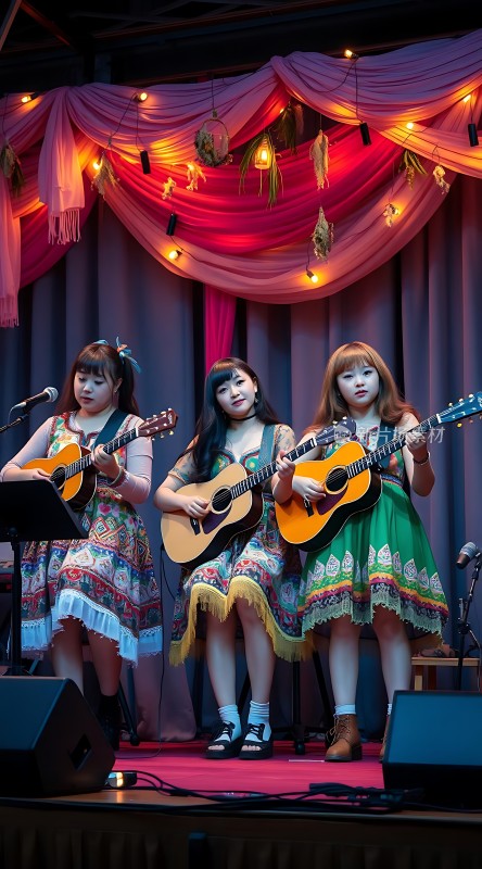 三位少女弹吉他表演