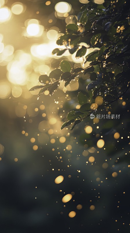 雨后阳光洒落树叶