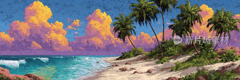 海边椰林绚丽风光插画