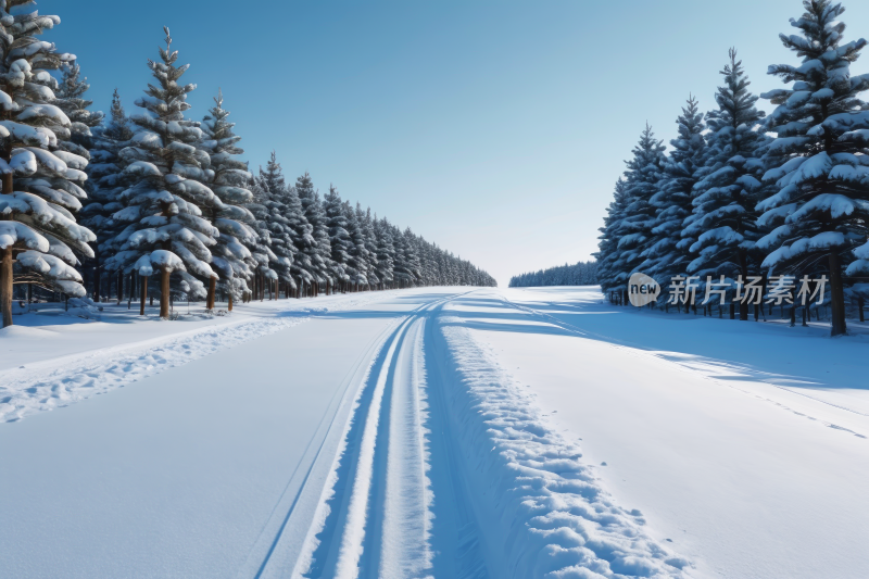 雪地道路的景色雪地里有铁轨高清风景图片