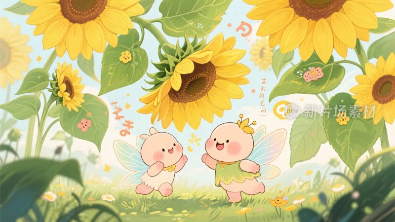 向日葵下双生可爱精灵