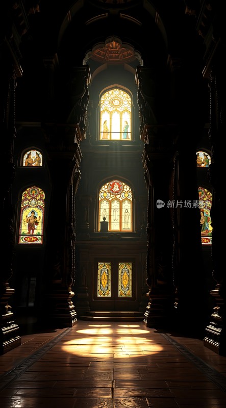 阳光透过彩色玻璃窗洒进教堂内部