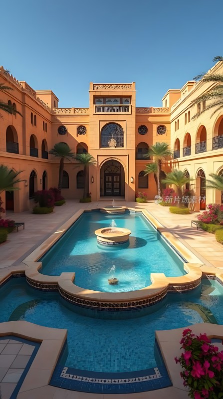 **豪华泳池别墅阳光下的热带风情**