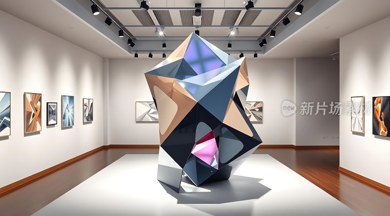 艺术馆内几何雕塑与画作展示