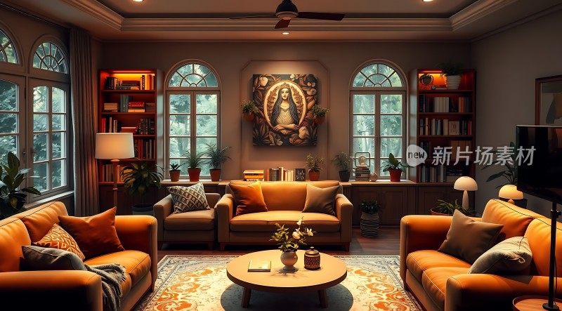 温馨客厅舒适沙发精美装饰画自然光线宁静生活