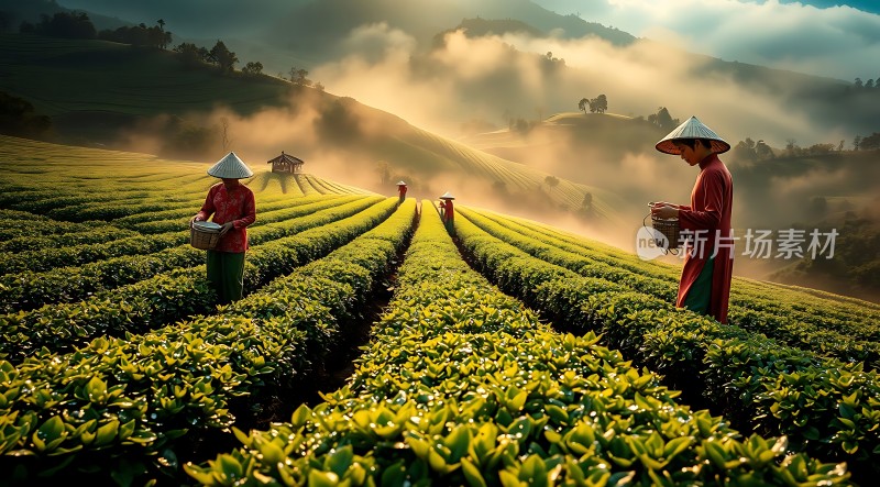 晨光下的茶园采茶人