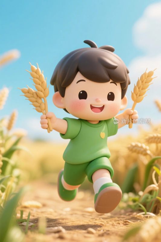 卡通孩童持麦穗插画