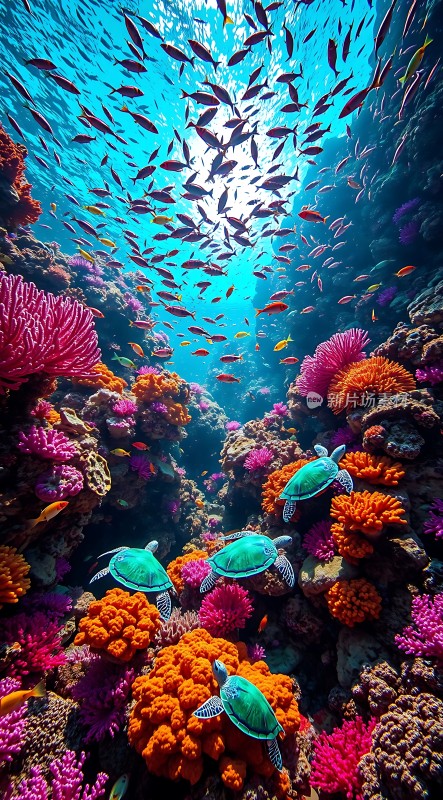海底世界奇观海龟与珊瑚共舞
