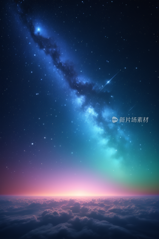 星系视图具有明亮蓝色和紫色光芒背景纹理