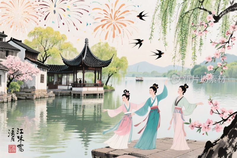 古风湖景古典插画