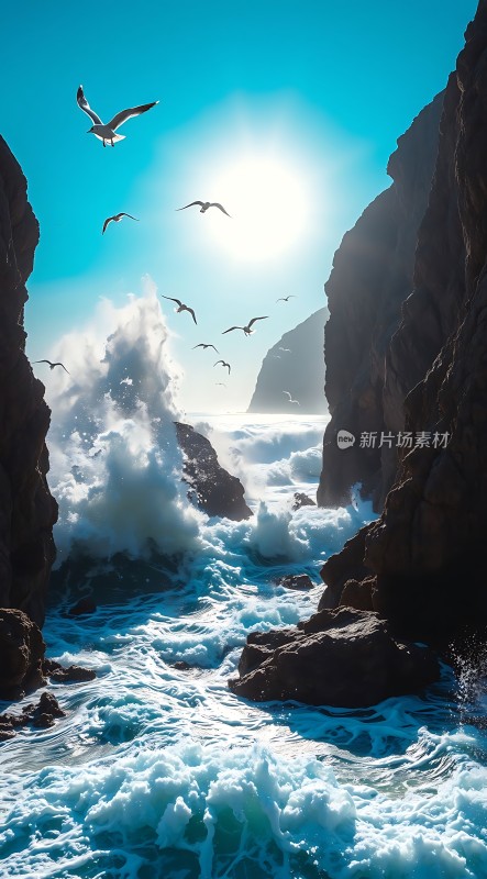 阳光下的海浪与飞翔的海鸥