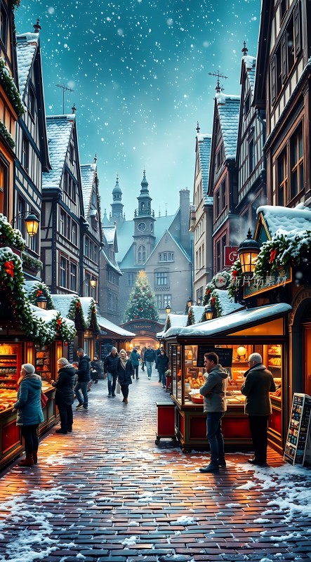 雪夜圣诞集市温馨节日氛围