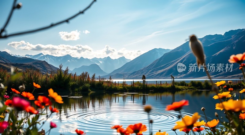 湖畔花语山色如画