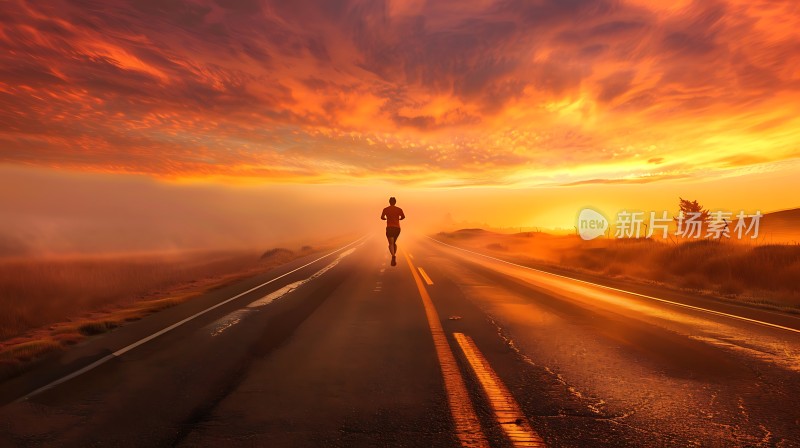 奔跑在日落余晖下的公路上