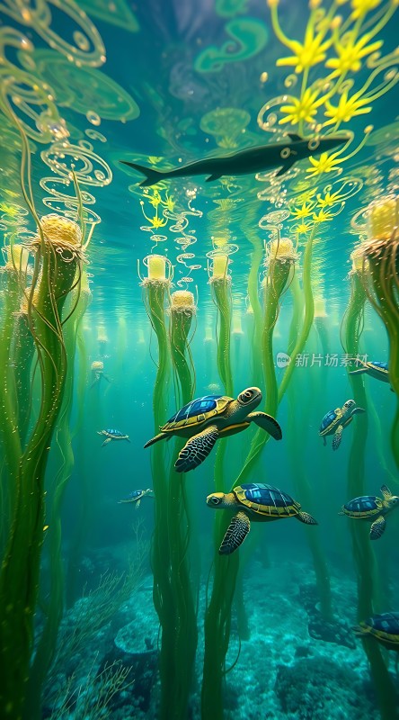 海底世界奇观海龟与鲨鱼共舞