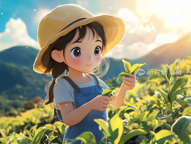 春天采摘茶叶的少女