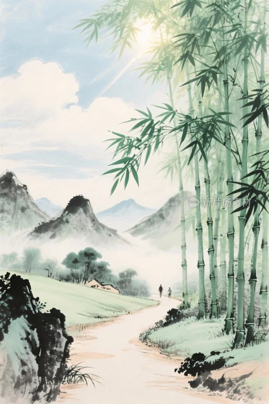水墨山水竹林画