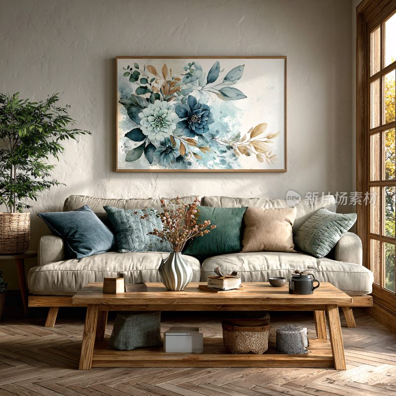 温馨客厅装饰画与沙发场景