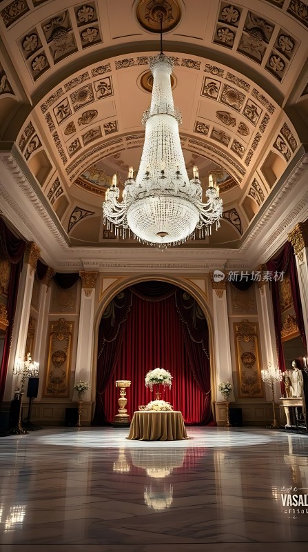 华丽大厅璀璨吊灯与红色幕布相映成辉