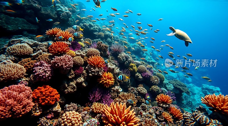 海底世界奇观珊瑚礁与海龟共舞