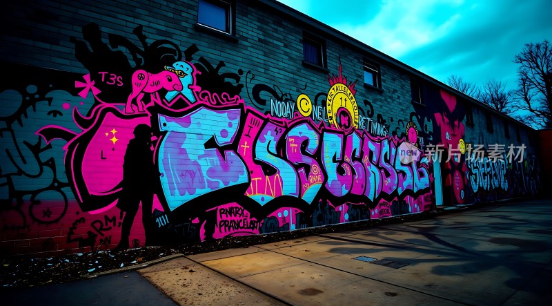 街头艺术色彩斑斓的涂鸦墙
