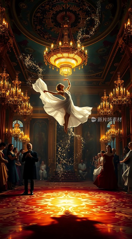 舞者空中飘逸华丽大厅灯光璀璨