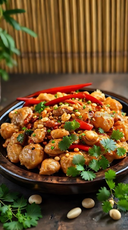 香辣鸡丁配香菜花生