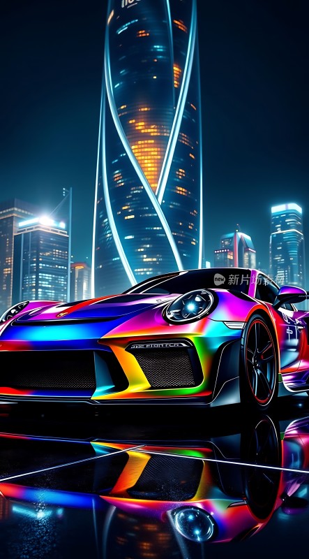 霓虹夜色下的炫彩跑车