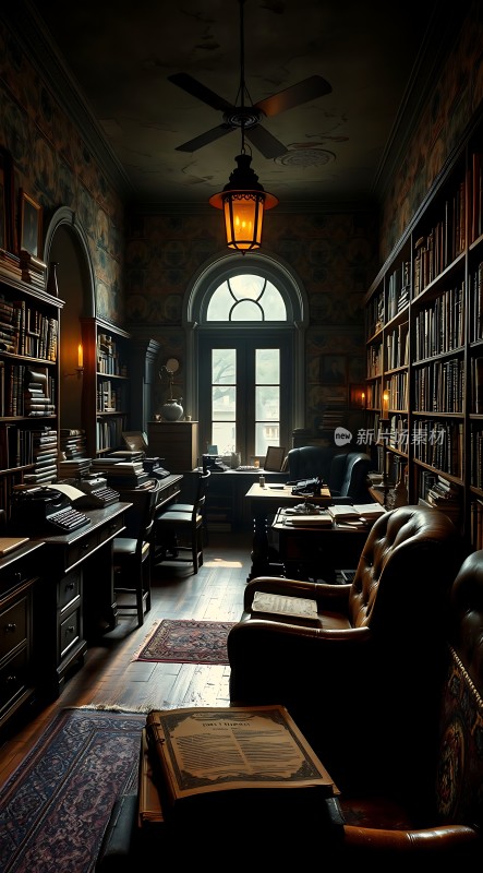 古色古香书房书架、桌椅与地毯营造温馨氛围
