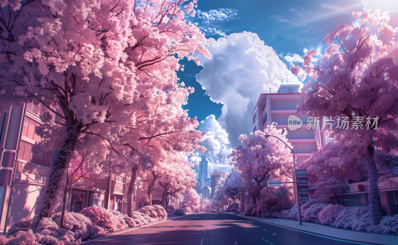 盛开樱花的粉色城市
