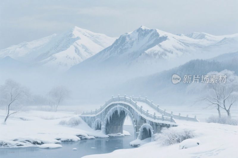 雪山石桥冬日雪景图