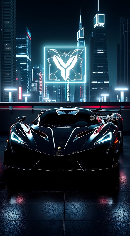 未来都市中的黑色跑车