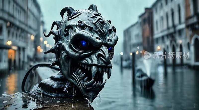 雨夜威尼斯神秘龙首雕塑