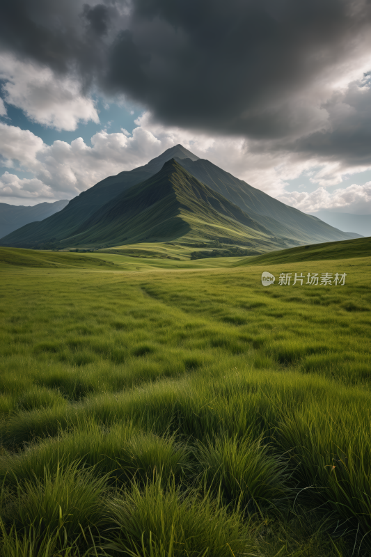 一片草地一座高山清风景摄影图片