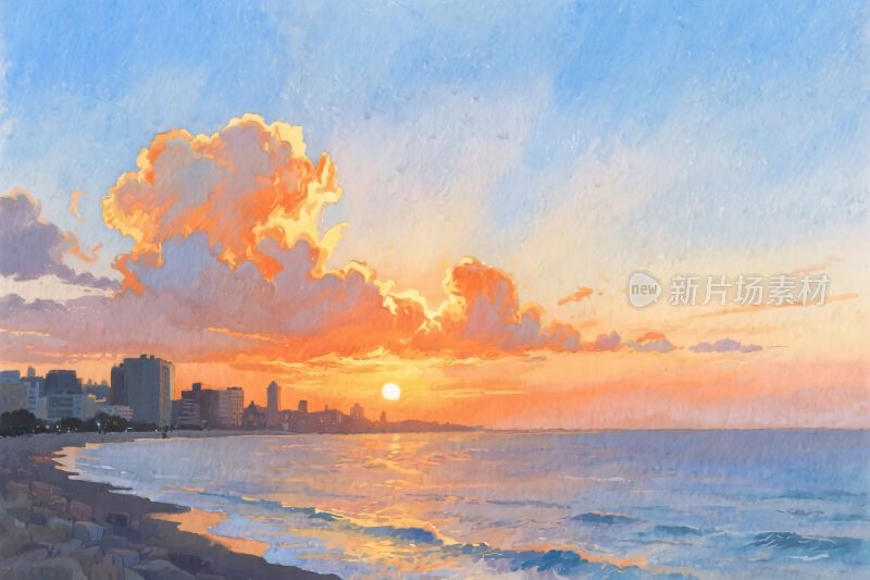 海边日落风景插画