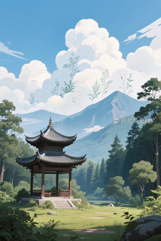 古亭山水风景插画