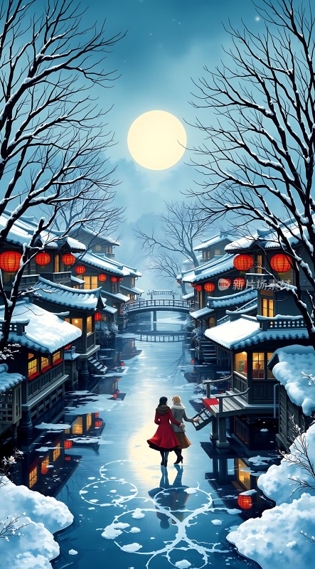 雪夜古巷月下漫步